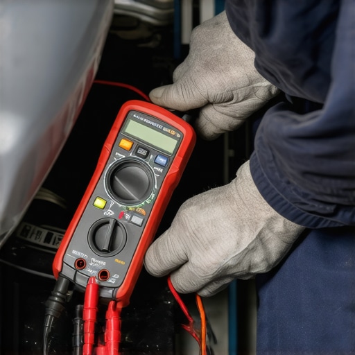 Technician using a multimeter to diagnose electrical resistance in a car.