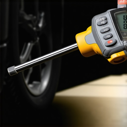 A mechanic using a digital torque wrench on a rear suspension mount to stop thumping sounds.
