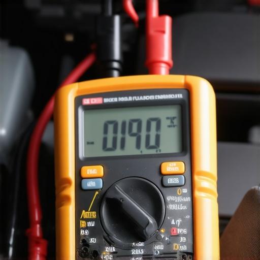 A person using a multimeter to test automotive electrical circuits near the brake system.