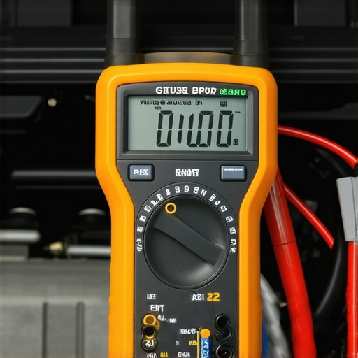 A digital multimeter being used to test a car sensor wire in an engine bay.