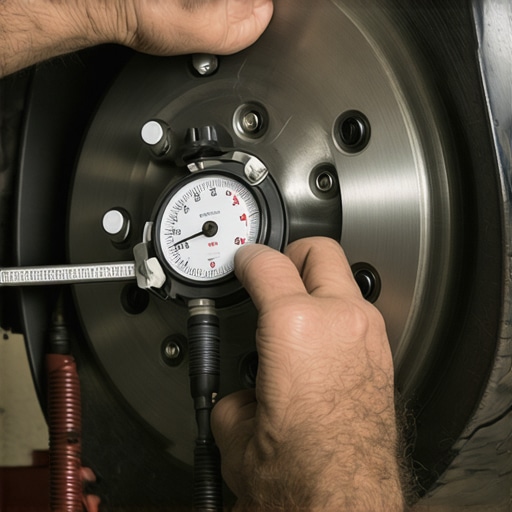 Precision brake rotor measurement with a dial indicator Mechanic using a dial indicator to check lateral runout on a brake rotor for professional maintenance.