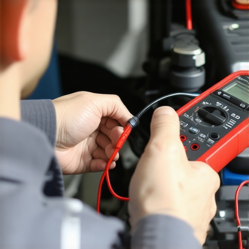 Mechanic testing electrical resistance on a fuel injector