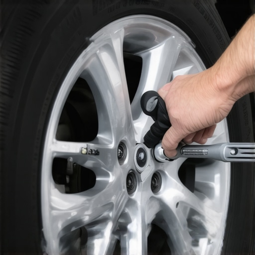 Precision torquing of wheel lug nuts Mechanic using a torque wrench on a car wheel to prevent rotor vibration.