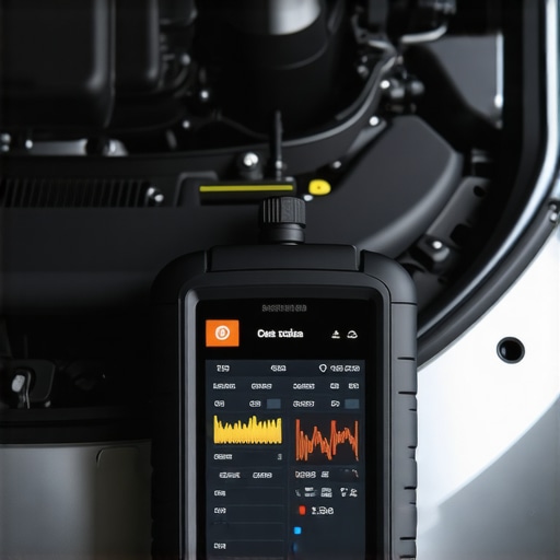 Close up of a mechanic using a diagnostic tablet to analyze live engine sensor data waveforms.