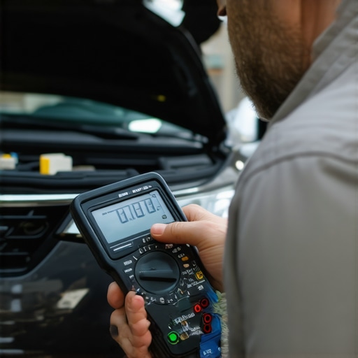 Technician using a multimeter to diagnose car electrical issues