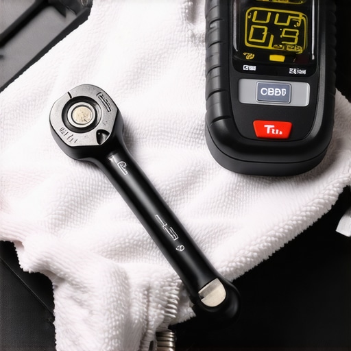 Professional Automotive Diagnostic Tools A split-beam torque wrench and digital OBD-II scanner used for vehicle diagnostics.