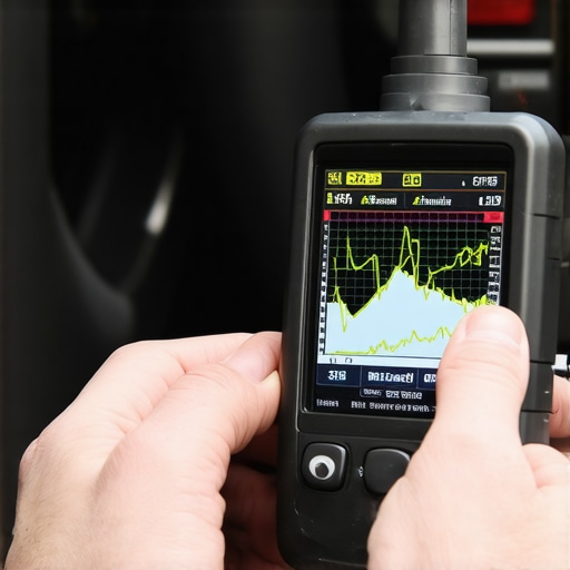 Professional Bi-Directional Diagnostic Scan Tool in Use A hand holding a professional car diagnostic tool showing transmission data graphs