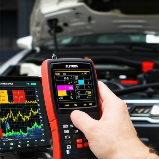A mechanic using a high-end scan tool to diagnose engine issues via the OBD-II port.