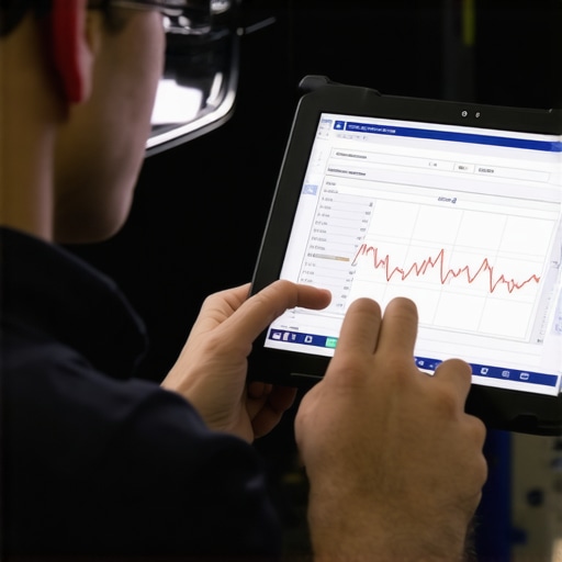 Mechanic using a diagnostic scanner to test vehicle cooling fan speed and engine data