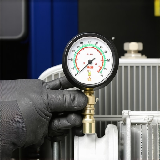 Professional Cooling System Pressure Test Mechanic testing a car radiator for pressure leaks using a specialized gauge tool.