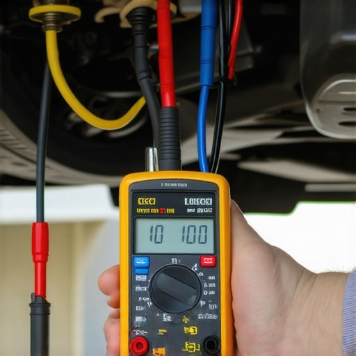Mechanic using a multimeter to diagnose an oxygen sensor fault on a car's exhaust system.