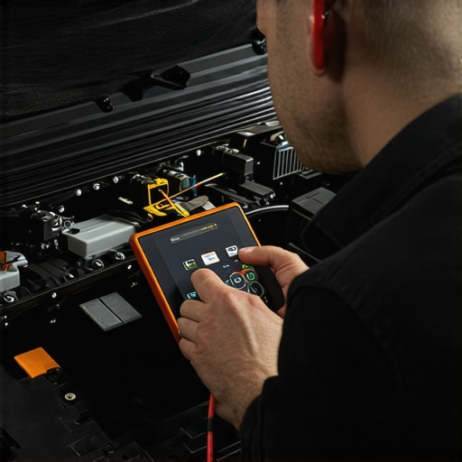 Professional Diagnostic Testing with Multimeter and Scanner A mechanic performs advanced vehicle diagnostics using a multimeter and a digital scan tool on a car's electrical system.
