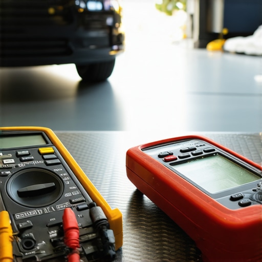 Professional Diagnostic Tools for Car Repair OBD2 scanner and multimeter on a workbench