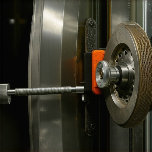 Professional Dial Indicator Measuring Brake Rotor Runout A mechanic using a dial indicator to check for brake rotor warping and lateral runout during a suspension diagnostic.