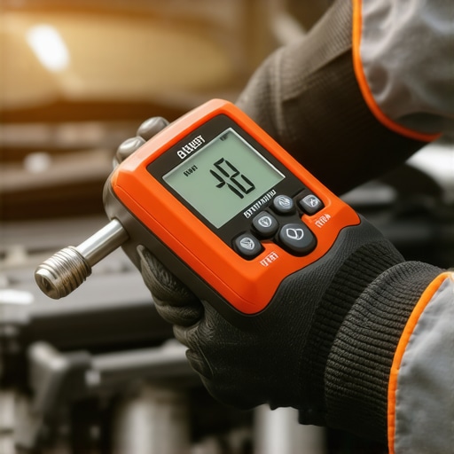 A mechanic using a digital torque wrench for precise auto repair on a modern car engine.