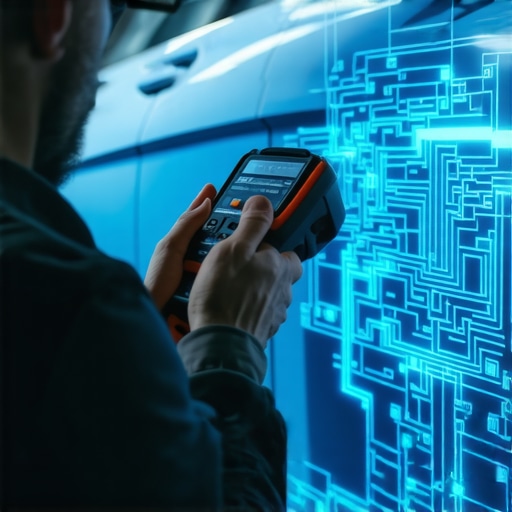Professional Electrical Diagnostic Tools in Action Technician using a scan tool and power probe on a vehicle door wiring harness