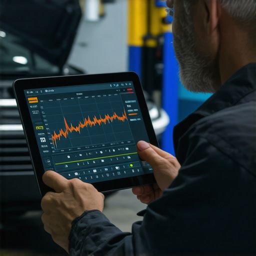 Mechanic using advanced diagnostic tools to analyze engine fuel trims and exhaust performance.