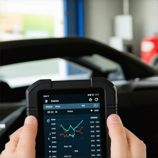 Mechanic using a diagnostic scanner to check real-time engine health data.