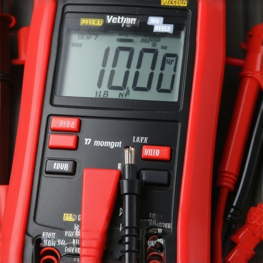 Professional Multimeter Testing Car Battery Voltage A digital multimeter measuring the electrical output of a vehicle battery for maintenance.