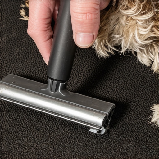 Professional Pet Hair Removal with a Squeegee A person using a rubber squeegee to pull pet hair out of car carpet