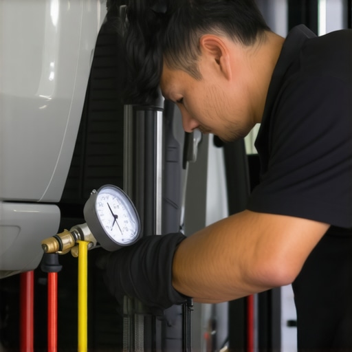 Mechanic using a Motive Products style pressure bleeder on a vehicle's master cylinder to flush brake fluid.