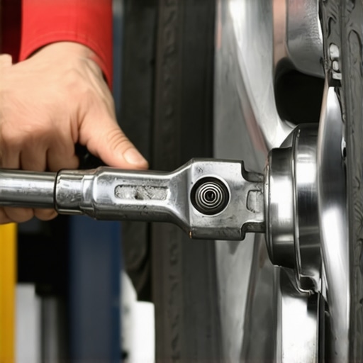 Professional Torque Wrench Application A mechanic using a calibrated torque wrench on a vehicle wheel to ensure even pressure and prevent rotor warping.