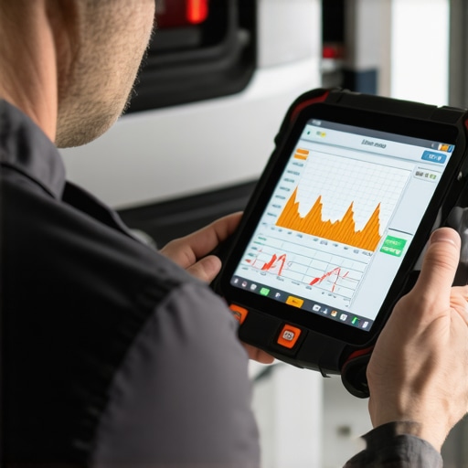 Mechanic monitoring transmission temperature using a diagnostic scan tool to ensure accurate fluid level check.