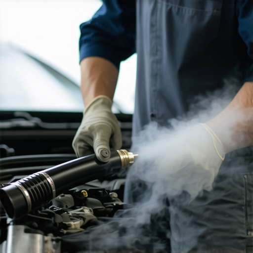 A mechanic identifying a vacuum leak using a specialized smoke diagnostic tool