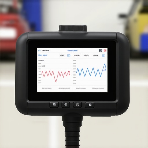 Professional Vehicle Diagnostic Scanner in Action A technician using a bidirectional OBD2 scanner to check live engine data streams in a garage.
