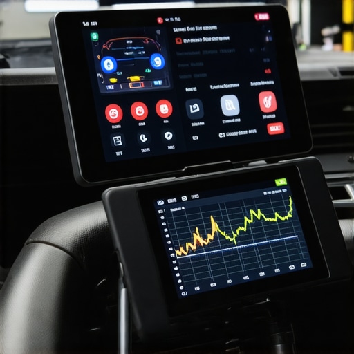 Professional Vehicle Diagnostic Tablet in Use A high-end car diagnostic tool showing engine performance data graphs connected to a vehicle.