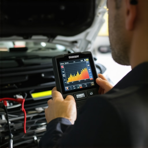 Professional Vehicle Diagnostics Scan Tool Technician using a professional scan tool to analyze live engine data for diagnostics.