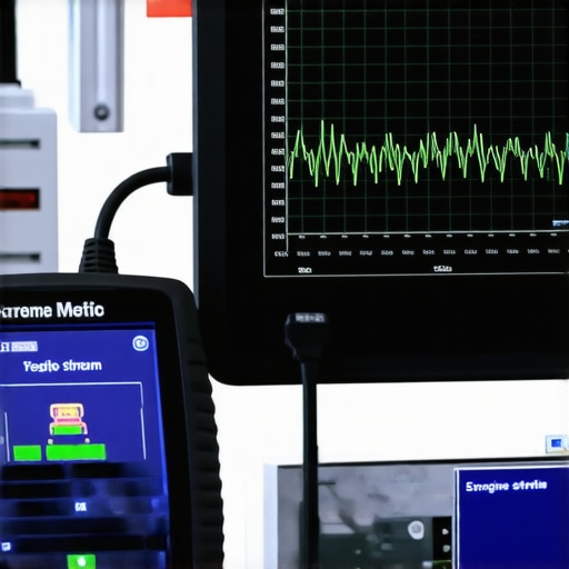 Professional Vehicle Diagnostics Tool in Action Close-up of a mechanic using an advanced OBD-II scanner to read live engine data graphs.