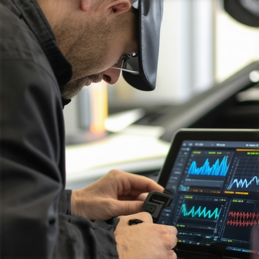 Professional Vehicle Diagnostics and Data Analysis A technician performing advanced vehicle diagnostics on a modern car.