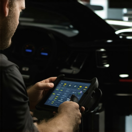 Professional Vehicle Diagnostics and Interior Care A technician performing advanced vehicle diagnostics on a car with a clean interior.