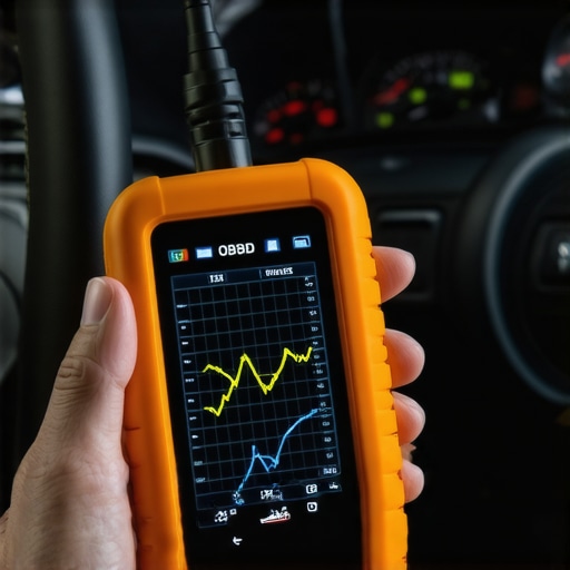 Close up of a mechanic using an OBD-II scanner to check live engine data on a car dashboard.