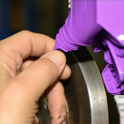 Proper Brake Pad Lubrication Technique Mechanic applying grease to the back of a brake pad to prevent squealing noise.