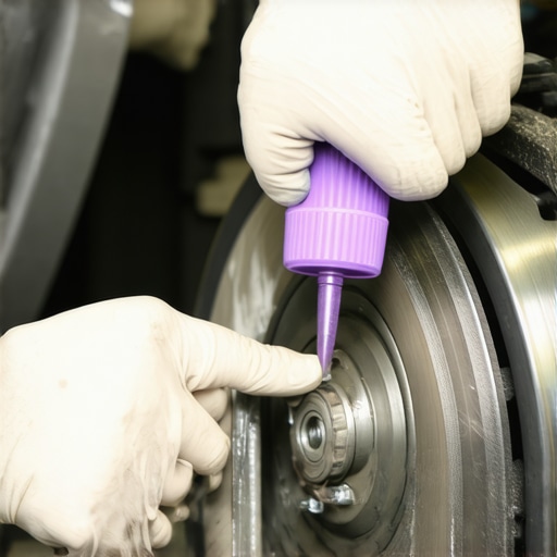 Mechanic applying silicone grease to a brake caliper slide pin to prevent seizing.