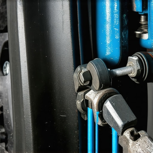 Proper lubrication of brake components to prevent noise A mechanic applying blue synthetic grease to brake pad hardware and slide pins to ensure quiet operation.