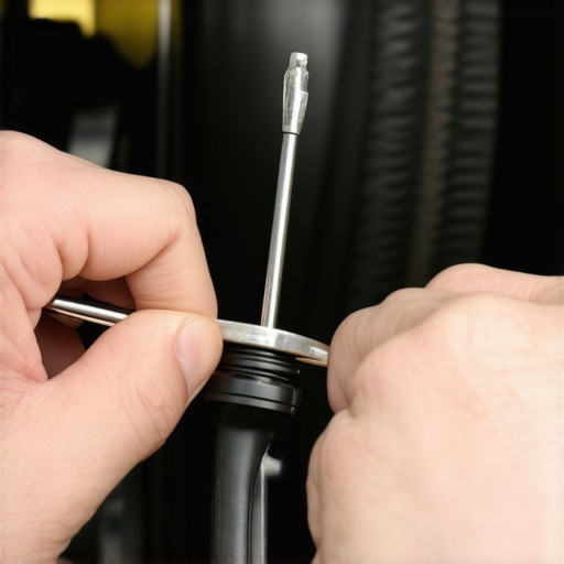 Close-up of a screwdriver prying a metal clip on a car trunk strut