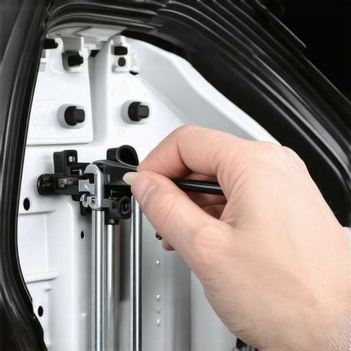 A mechanic using a trim tool to detach a car door panel revealing internal handle rods and clips.