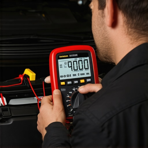 Testing Automotive Electronics with a Multimeter Mechanic performing electrical diagnostics on a modern vehicle using a digital multimeter