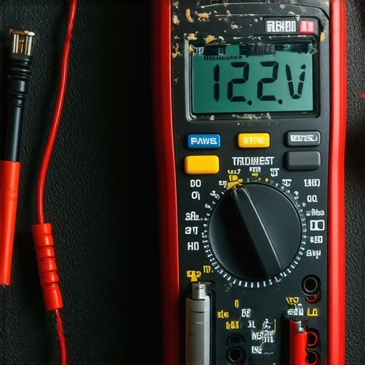 Testing Battery Voltage with Multimeter A digital multimeter measuring car battery voltage in cold weather.