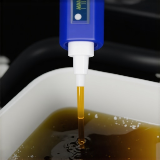 Testing Brake Fluid for Moisture A digital tester checking the water content of contaminated brake fluid in a car reservoir.