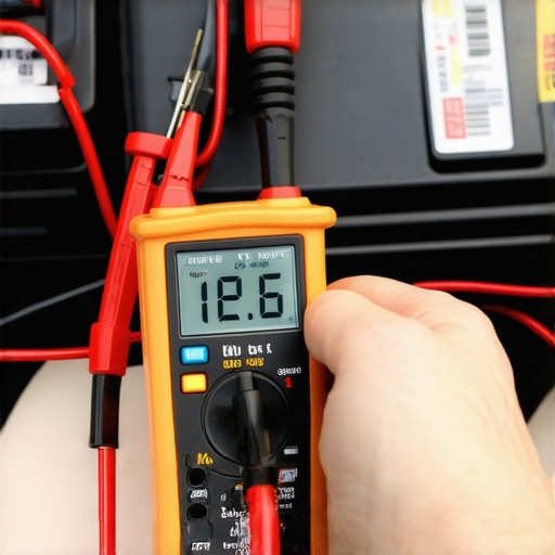Testing Car Battery Voltage with Multimeter Hands holding multimeter probes on a car battery to check voltage levels.
