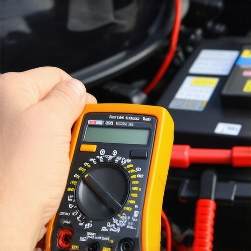 Man using a yellow multimeter to measure the electrical output of a car battery to diagnose a clicking starter.