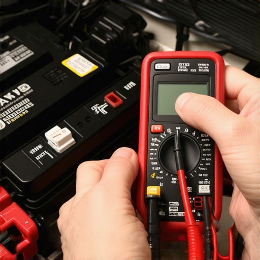 Close-up of a multimeter checking a car's charging system voltage.