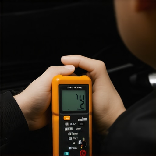 A close-up shot of a technician using a multimeter to diagnose electrical issues in a car engine bay.