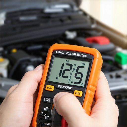 Testing Car Battery Voltage with a Multimeter A person using a digital multimeter to check the voltage of a car battery at home.
