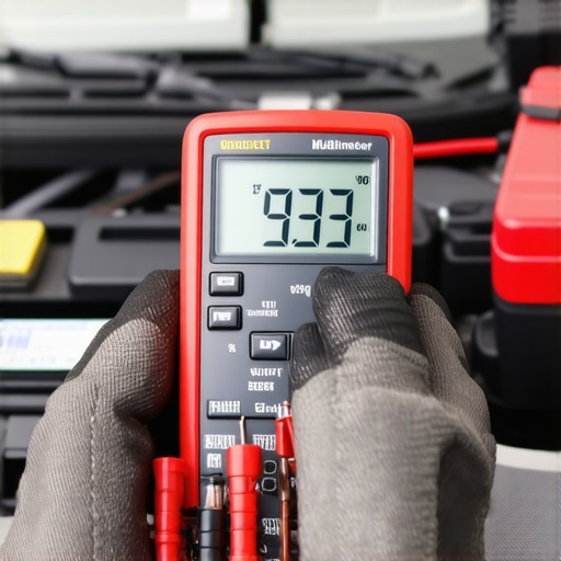 Testing Car Battery with Multimeter A mechanic using a digital multimeter to check the voltage of a vehicle battery.