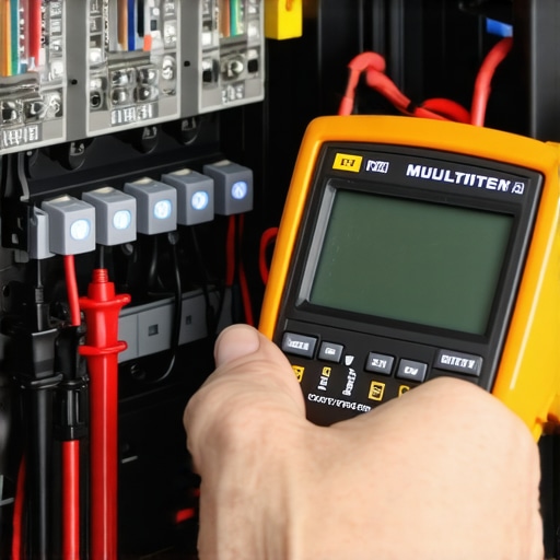 Testing Car Electronics with a Multimeter Professional multimeter used for automotive electrical diagnostics in an engine bay.